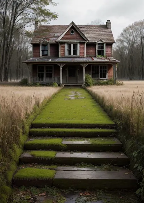 abandoned house, broken planks, moss, broken steps, unkempt yard, tall grass, weeds, terror,night,horror (theme),