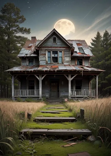 abandoned house, broken planks, moss, broken steps, unkempt yard, tall grass, weeds, terror,night,horror (theme),