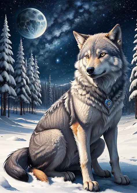 frozen forest, (cute),animal focus,night, starry sky, wolf,