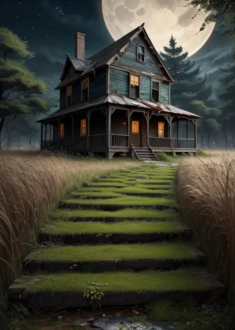 abandoned house, broken planks, moss, broken steps, unkempt yard, tall grass, weeds, terror,night,horror (theme),