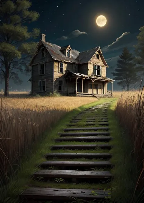 abandoned house, broken planks, moss, broken steps, unkempt yard, tall grass, weeds, terror,night,horror (theme),