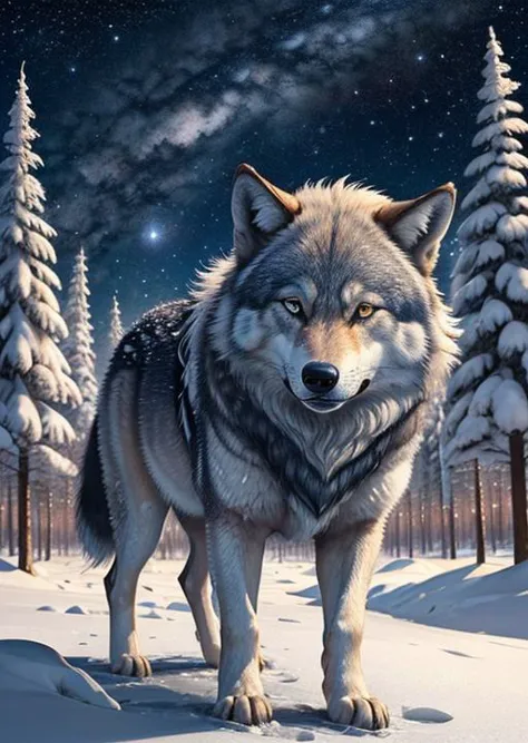 frozen forest, (cute),animal focus,night, starry sky, wolf,