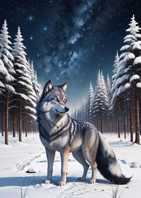 a painting of a wolf standing in the snow near trees