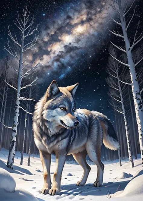 a painting of two wolfs in a snowy forest at night