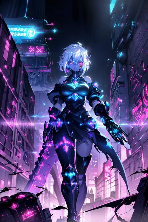 ((best quality)),white hair,red eyes,cute,1girl,solo,(night),((pointy ear)),mechanical parts,blue neon,((cyberpunk:1,3)),(blood)...