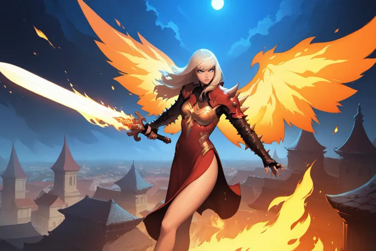 score_9, score_8_up, score_7_up, masterpiece, high quality
 <lora:Magic Phoenix FivePonyLoRA:0.8>mgik, long hair, bangs, dress, asymetrical sleeves, spikes, fingerless gloves, shoulder armor, fire wings, flying, at night, in a city, angry, sword, holding sword, energy sword, fire, magic
 <lora:Blade&SoulPonyLyco:1> bns