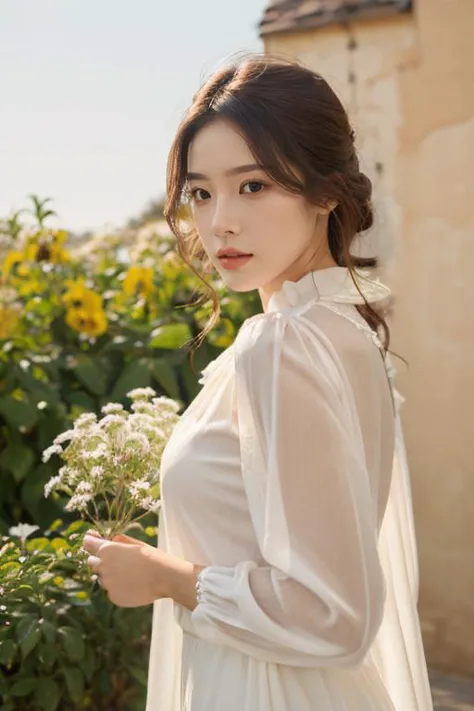 (masterpiece:1.35),(bestquality:1.4),8k,ultra-detailed,photography,(ultra-realistic:1.4),Art Composition,1girl,solo,brown hair,flower,dress,see-through,brown eyes,lips,realistic,plant,see-through sleeves,outdoors,