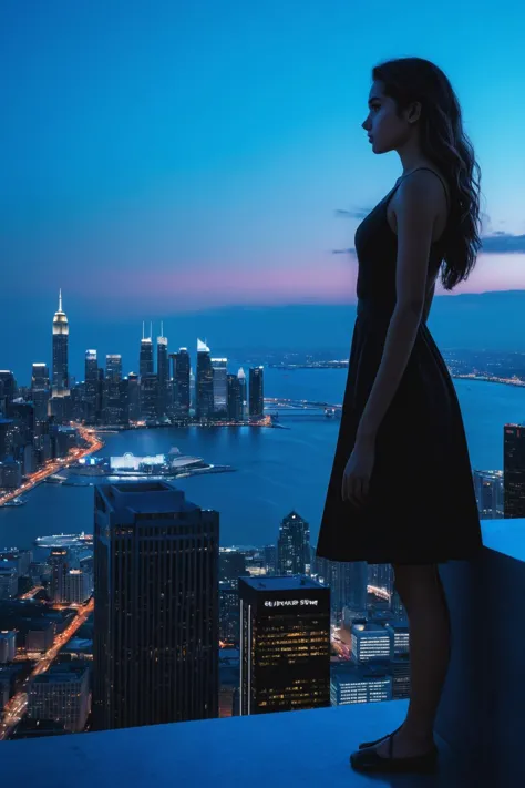 (masterpiece:1.35),(bestquality:1.4),8k,ultra-detailed,photography,(ultra-realistic:1.4),Art Composition,1girl,solo,leogirl,realistic photography,A solitary figure stands atop a skyscraper,looking out over the city as twilight descends. The figure,silhouet...