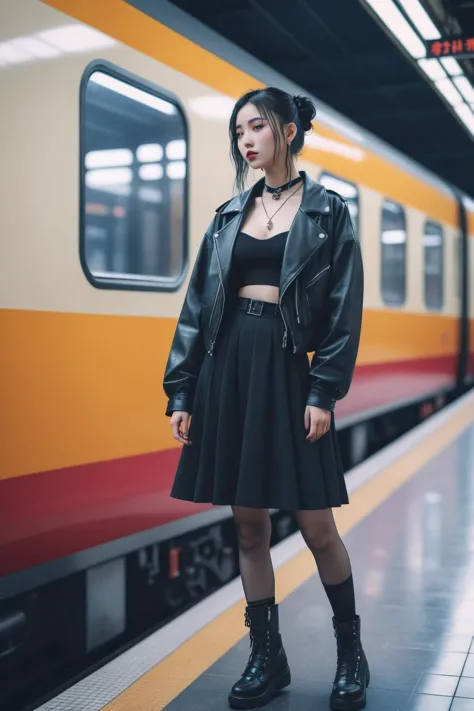 (masterpiece:1.35),(bestquality:1.4),8k,ultra-detailed,photography,(ultra-realistic:1.4),Art Composition,1girl,solo,chinese girl,photograph,hyperrealism,cinematic color grading,cyberpunk,1girl,woman,beautiful,brightly lit interior,in a Romantic Goth train ...