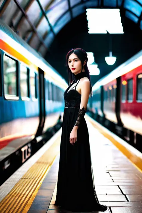 (masterpiece:1.35),(bestquality:1.4),8k,ultra-detailed,(ultra-realistic:1.4),Art Composition,sharp focus,HDR,chinese girl,photograph,cinematic color grading,1girl,woman,beautiful,in a Romantic Goth train station,