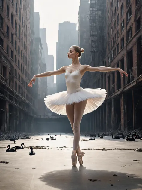 (masterpiece:1.35),(bestquality:1.4),8k,ultra-detailed,photography,(ultra-realistic:1.4),Art Composition,sharp focus,HDR,(Dystopian Swan Lake),Fashion photography,1girl,solo,(stunning blonde woman in a white ballerina attire:1.1) in a dystopian world,The b...