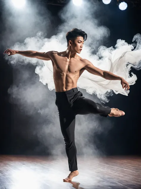 (masterpiece:1.35),(bestquality:1.4),8k,ultra-detailed,photography,(ultra-realistic:1.4),Art Composition,sharp focus,HDR,1boy,solo,Young Asian male,(topless:1.41),modern dance,dramatic dark lighting,stage performance,smoke and fog,elegant and graceful,sync...