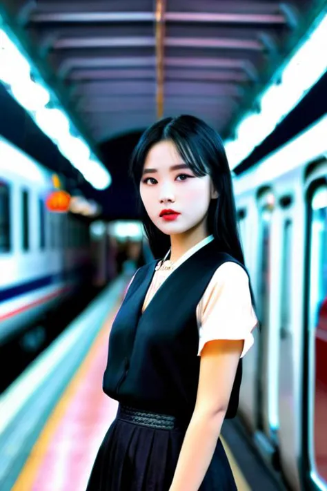 (masterpiece:1.35),(bestquality:1.4),8k,ultra-detailed,(ultra-realistic:1.4),Art Composition,sharp focus,HDR,chinese girl,photograph,hyperrealism,cinematic color grading,1girl,woman,beautiful,moody lit interior,in a Romantic Goth train station,