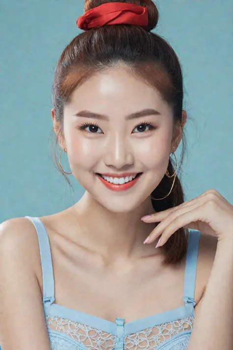 (masterpiece:1.33),(bestquality:1.21),8k,high detailed,ultra-detailed,photography,award winning,documentary,Original Photo,Realisticity,(Radom simple color background:1.35),1girl,slim asian girl,beautiful face,slim body,ultra-detailed natural skin textures,complex masterpiece,beautiful proportions,ultra realistic body proportions,improved colors,natural pose,happy imitator,natural realistic positions,(well-proportioned hands:1.1),(random color underwear:1.21),makeup foundatiom,eyeliner,eyelashes,random color lipstick,random color nail polish,makeup,earring,rings,(Auburn Hair, multi-tied hair, sidelocks, double bun, Seductive Smile:1.45),