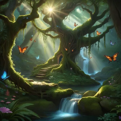 a painting of a forest with a waterfall and butterflies