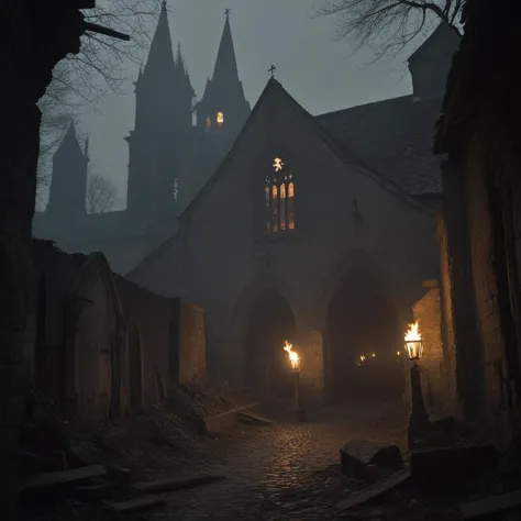 a dark alley with a church and a light at the end