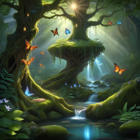 a painting of a forest with a waterfall and butterflies