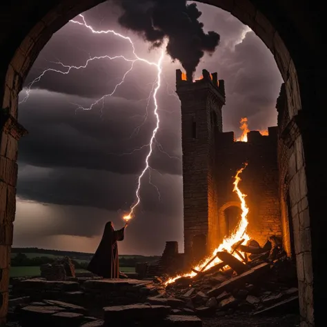 a person in a robe standing in front of a castle with a fire