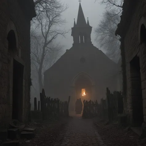 a dimly lit church in the fog with a person walking through it