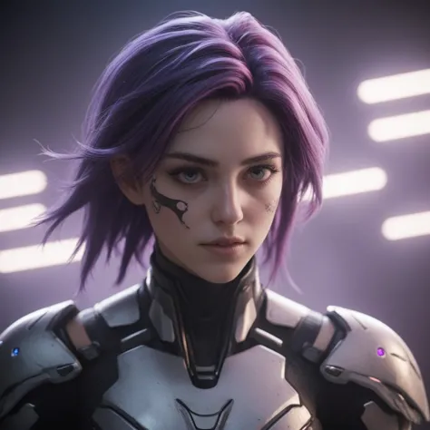 a woman with purple hair and a futuristic suit