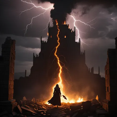 a woman in a black dress standing in front of a castle with lightning