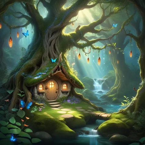 a small house in the middle of a forest with a stream running through it