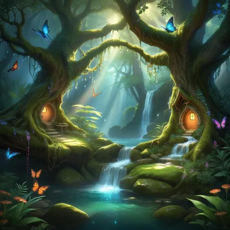 a painting of a forest with a waterfall and a waterfall