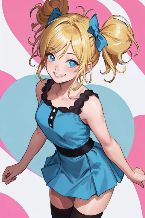 <lyco:Bubbles-08:0.9> bubbles,meme,blonde hair,messy hair,hair bow,thighhighs,blue dress, heart,skirt,heart background,grin,from...