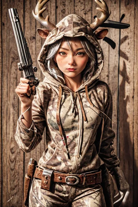 1girl,  (Style-GHL:0.5),  reindeer costume, hood up, <lora:reindeer-outfit-richy-v1:0.6>,  <lora:Armed_Cowgirls:0.6> holding a colt, waiting pose, silver gun, revolver, cowboy pistol, camo buckskin, shooters stance