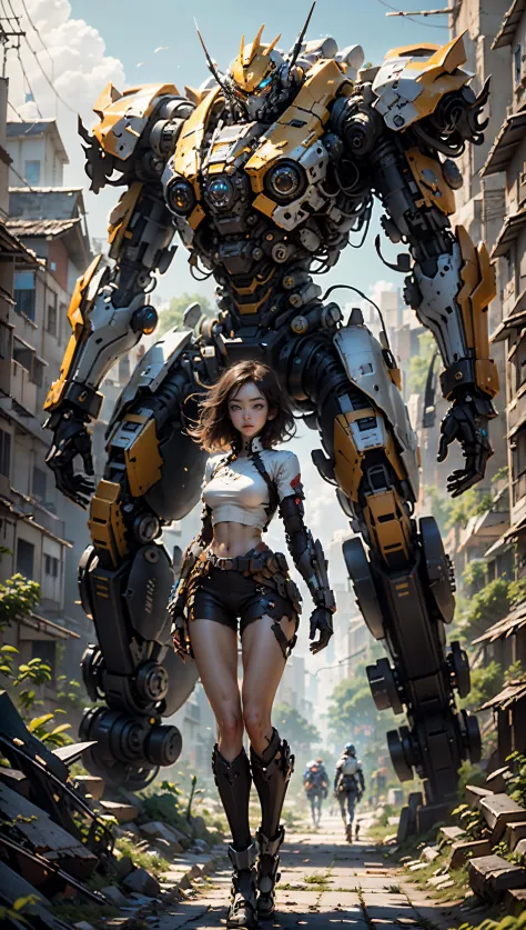 ((Best quality)), ((masterpiece)), (highly detailed:1.3), 3D,Shitu-mecha, beautiful cyberpunk women with her mecha in the ruins of city from a forgoten war, ancient technology,HDR (High Dynamic Range),Ray Tracing,NVIDIA RTX,Super-Resolution,Unreal 5,Subsurface scattering,PBR Texturing,Post-processing,Anisotropic Filtering,Depth-of-field,Maximum clarity and sharpness,Multi-layered textures,Albedo and Specular maps,Surface shading,Accurate simulation of light-material interaction,Perfect proportions,Octane Render,Two-tone lighting,Low ISO,White balance,Rule of thirds,Wide aperature,8K RAW,Efficient Sub-Pixel,sub-pixel convolution,luminescent particles,light scattering,Tyndall effect  <lora:shitu-mechaV1:0.5> <lora:NijiExpressV2:0.6>