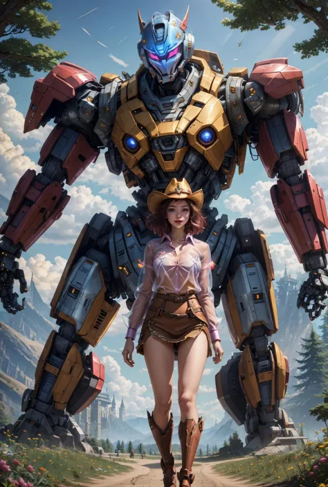 An amazing illustration featuring a captivating 20-year-old woman standing in a magical field, tall, skinny, (nurse:0.5), long magenta dress, tight clothes, alongside a towering robot mecha, shitu-mecha, (a majestic castle with aura of mystery:1.1), (red l...