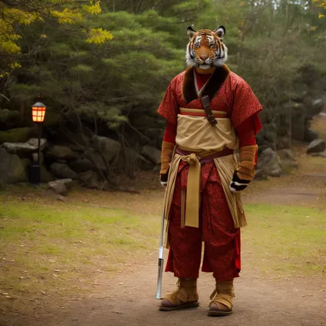 upper body photo of anthro tiger dressed as Japanese warrior, cinematic, 4k, preparing for final battle, 80s movie