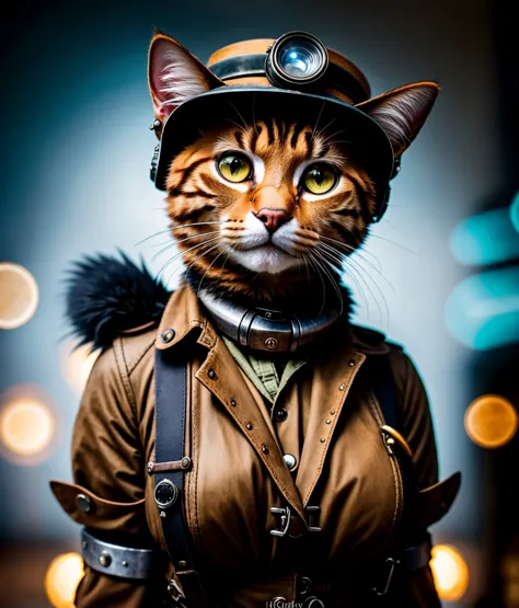 there is a cat wearing a steam - punk outfit and a hat