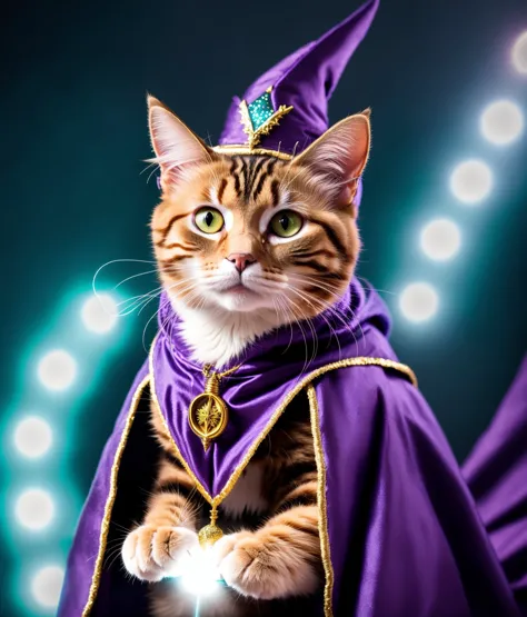 araffe cat dressed in a purple cape and a purple hat