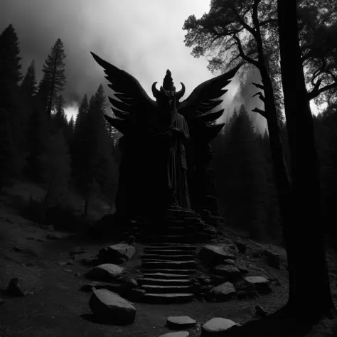 a black and white photo of a statue of an angel in the woods