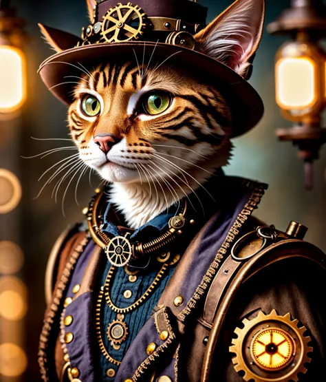 there is a cat wearing a steam - punk outfit and a hat