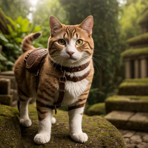 there is a cat that is standing on a rock in the woods