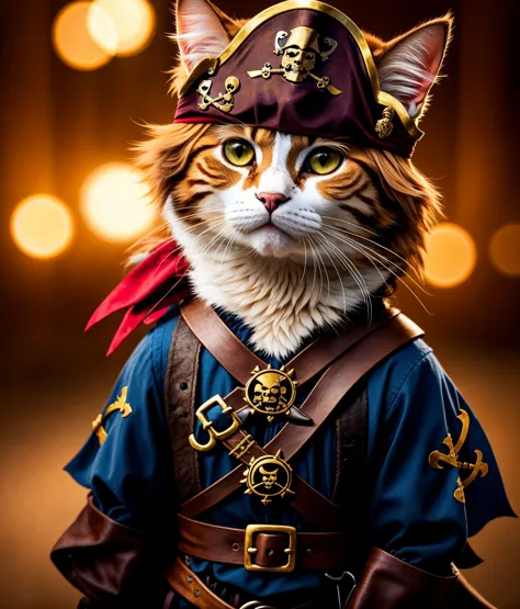 a cat, ((pirate outfit)), epic scene, dynamic camera, backlight, (close up:1.2), high quality photography, 3 point lighting, flash with softbox, 4k, Canon EOS R3, hdr, smooth, sharp focus, high resolution, award winning photo, 80mm, f2.8, bokeh