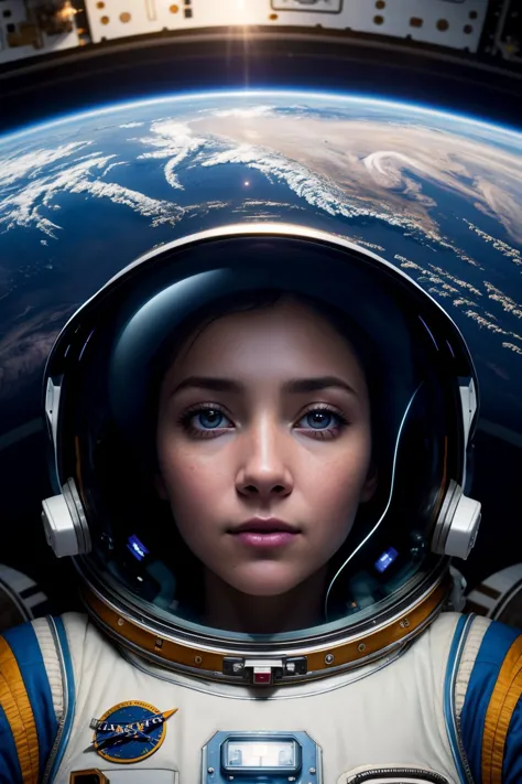 a close up of a woman in a space suit with a planet in the background