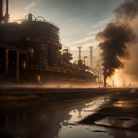 smoke billows from a factory in a city with a puddle of water