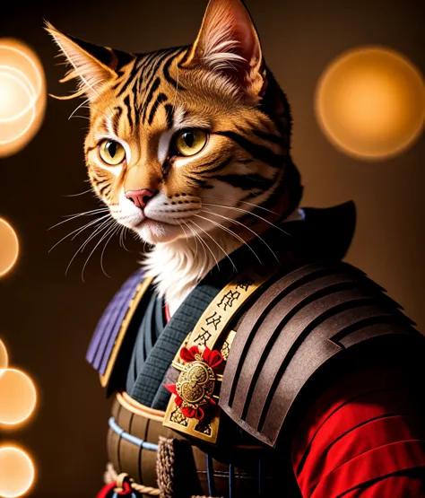 araffe cat dressed in a samurai costume with lights in the background