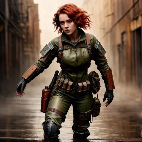 a woman in a green outfit and a gun walking down a street