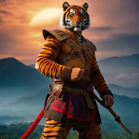 a close up of a tiger with a sword in a field