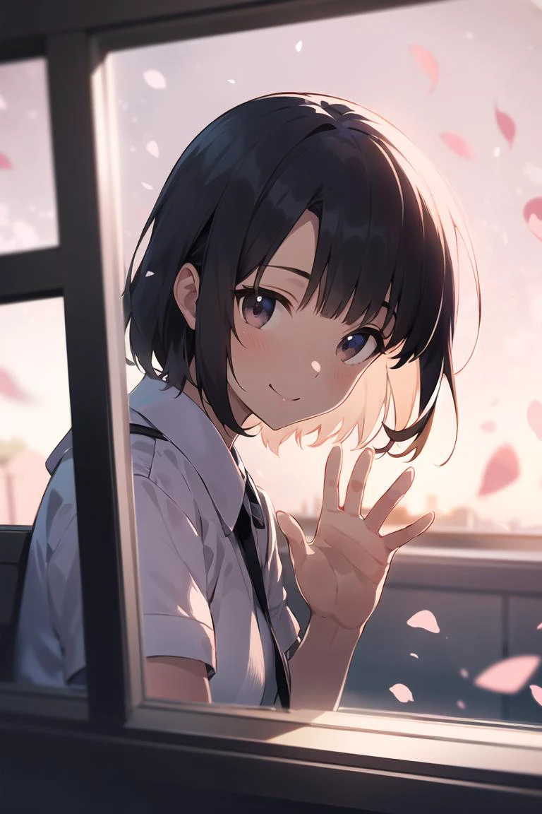 Une fille,Katou Megumi,sourire,(par la fenêtre:1.2) (vue extérieure:1.1), agitant la main,De la troisième personne, pétales flottants, profondeur de champ, flou, flou background, bokeh
