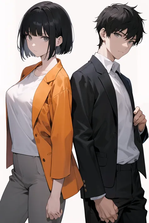 masterpiece, best quality, manga cover,(1girl+1boy),standing back to back,girl_as_\"black hair,short hair+bangs+grey eyes+small ...