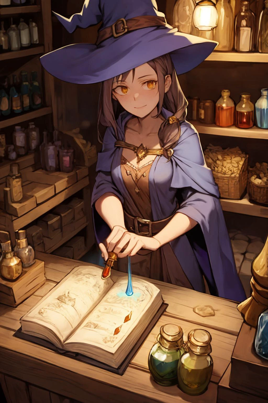 una bruja comerciante en un juego de rol de fantasía, vendiendo pociones. 