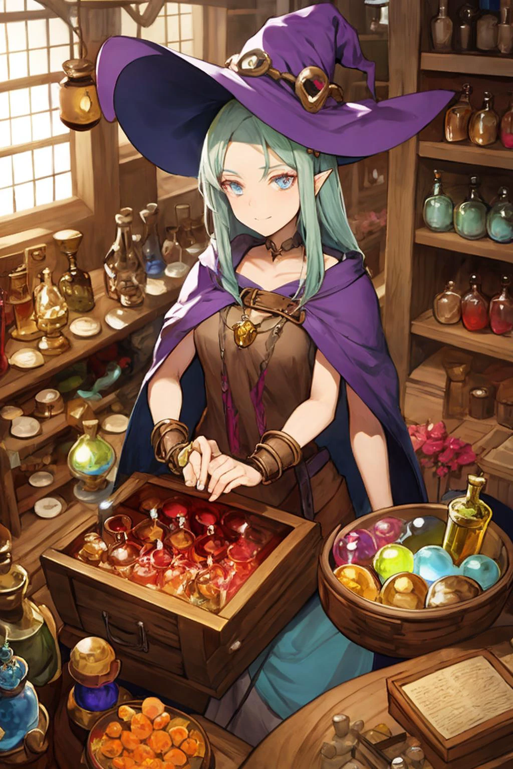 a shopkeeper witch in a fantasy rpg, selling potions. 