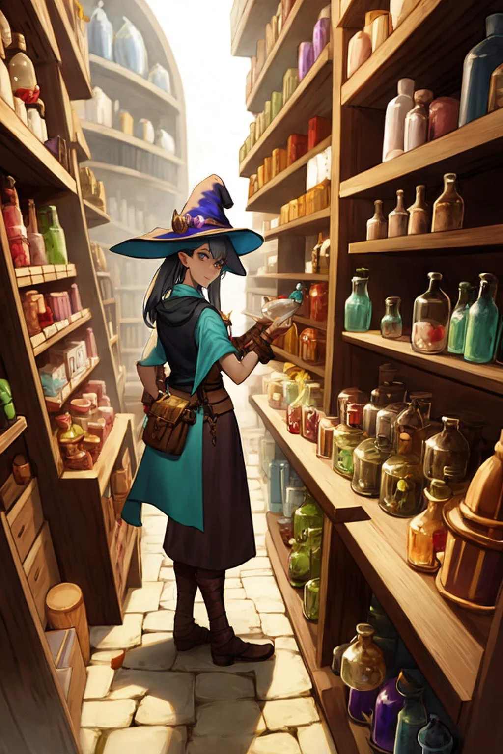 una bruja comerciante en un juego de rol de fantasía, vendiendo pociones