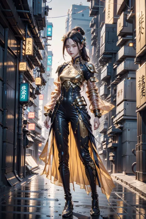 1girl, transparent silk samurai,  <lora:CyberChineseClothes_B:0.8>, cyberchineseclothes,cyberpunk, gold metalic accents, rage of...