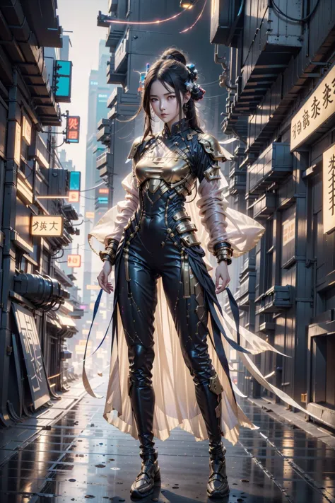 1girl, transparent silk samurai,  <lora:CyberChineseClothes_B:0.8>, cyberchineseclothes,cyberpunk, gold metalic accents, rage of...